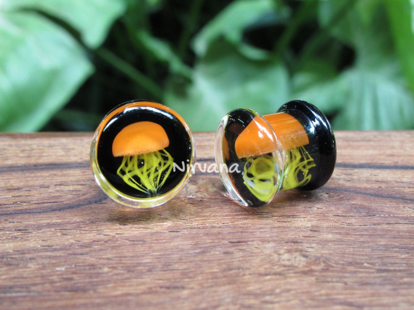 1 Pair (2 Pieces) - Pyrex Glass Orange Jellyfish Plugs Black Background Lt. Yellow Legs