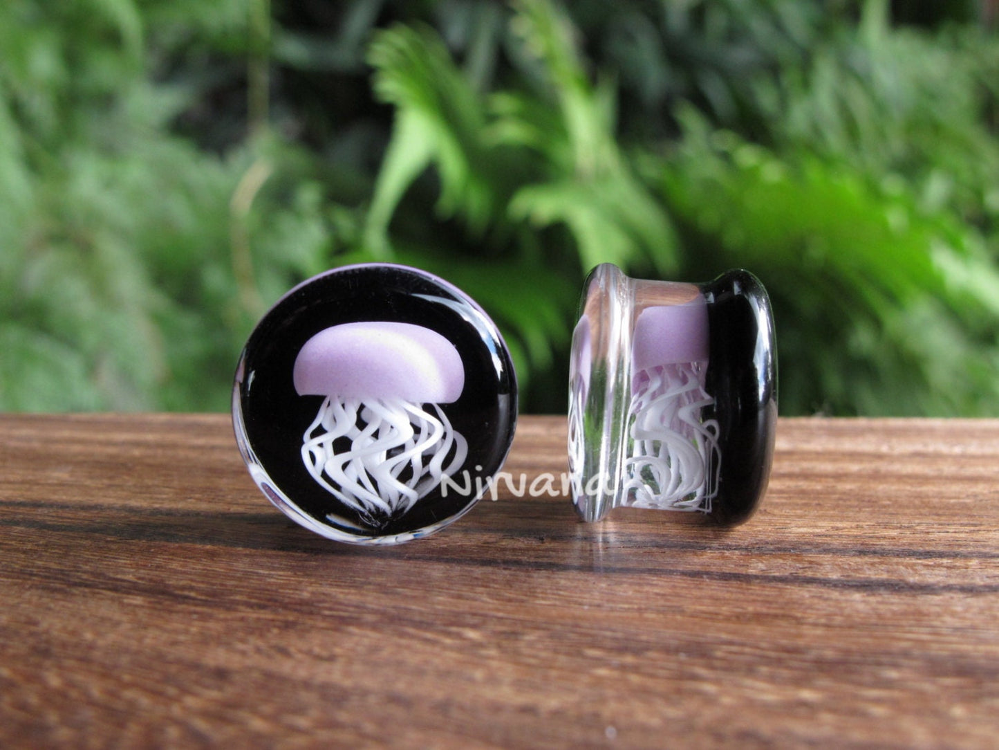 1 Pair (2 Pieces) Pyrex Glass Mauve Purple Jellyfish Plugs Black Background