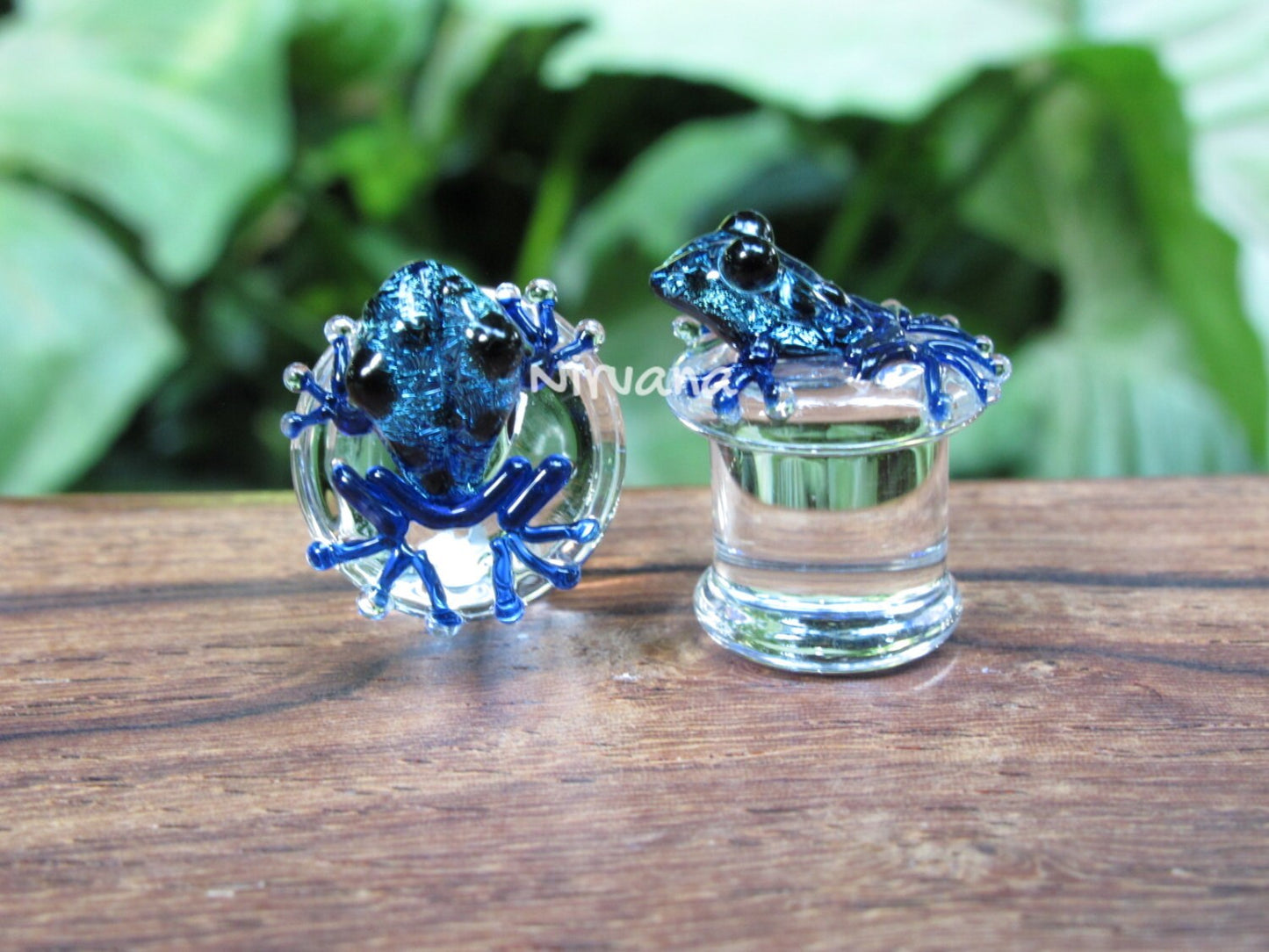 1 Pair (2 Pieces) Dichroic Aqua Blue Black Spotted Poison Tree Frog Plugs