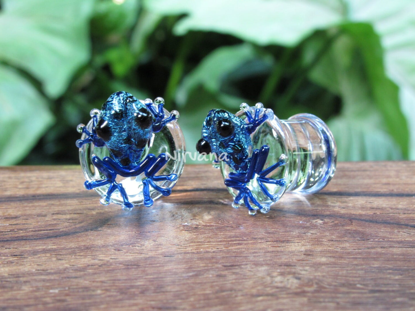1 Pair (2 Pieces) Dichroic Aqua Blue Black Spotted Poison Tree Frog Plugs