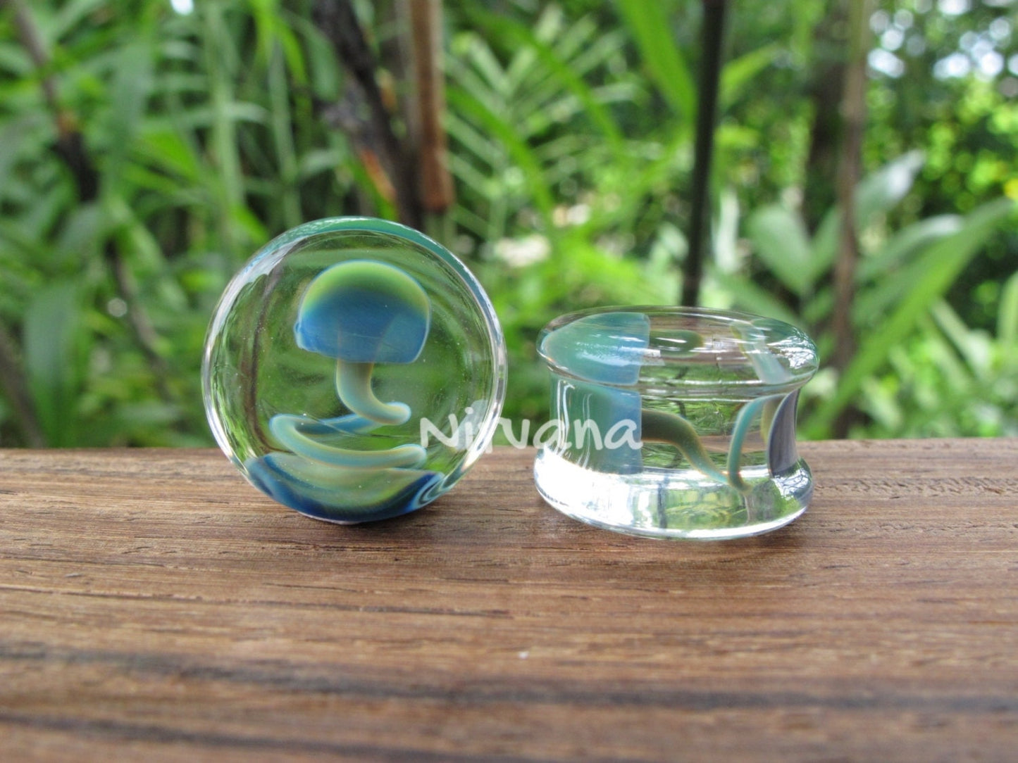 1 Pair (2 Pieces) Magic Mushroom Plugs Pyrex Glass Exotic Blue Green