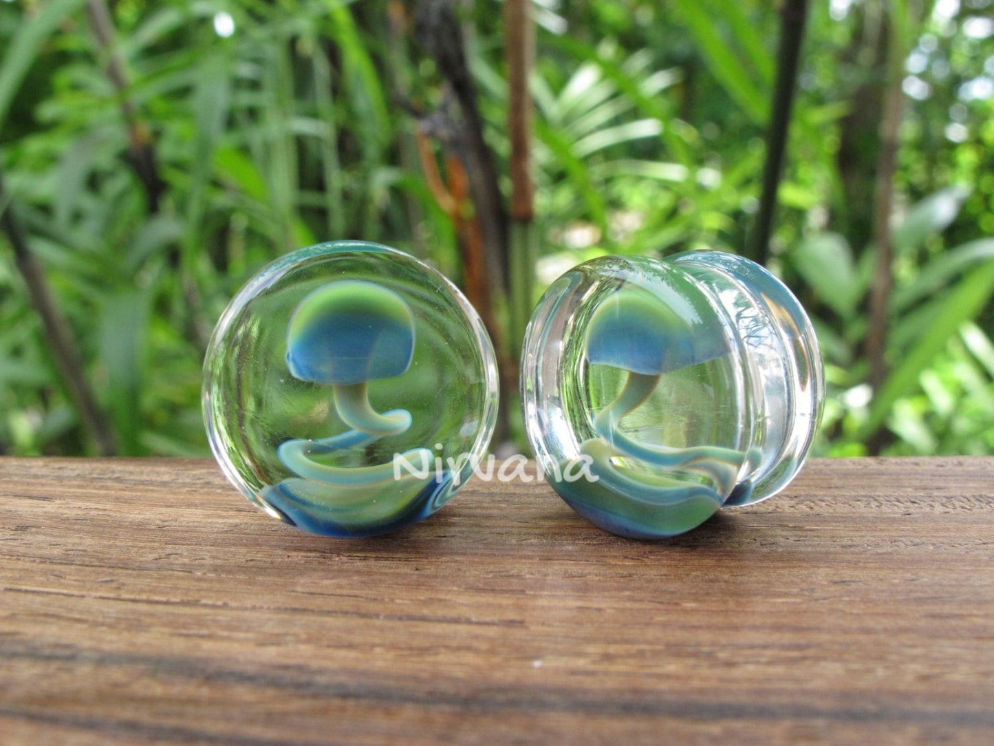 1 Pair (2 Pieces) Magic Mushroom Plugs Pyrex Glass Exotic Blue Green