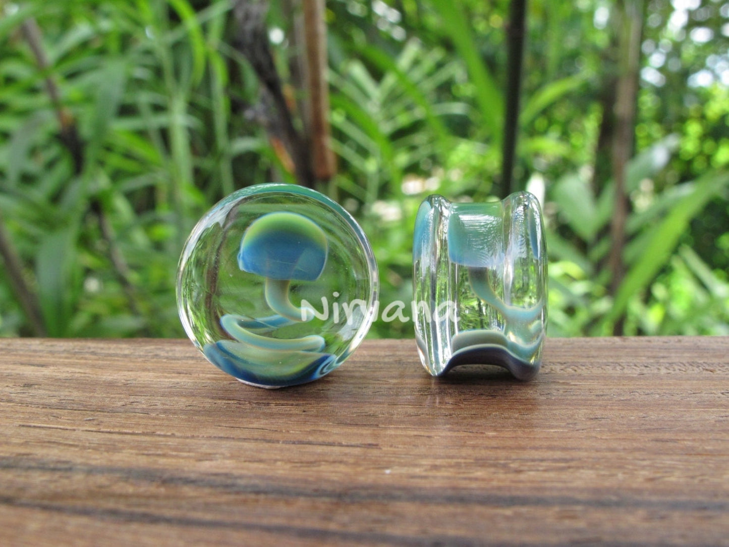 1 Pair (2 Pieces) Magic Mushroom Plugs Pyrex Glass Exotic Blue Green