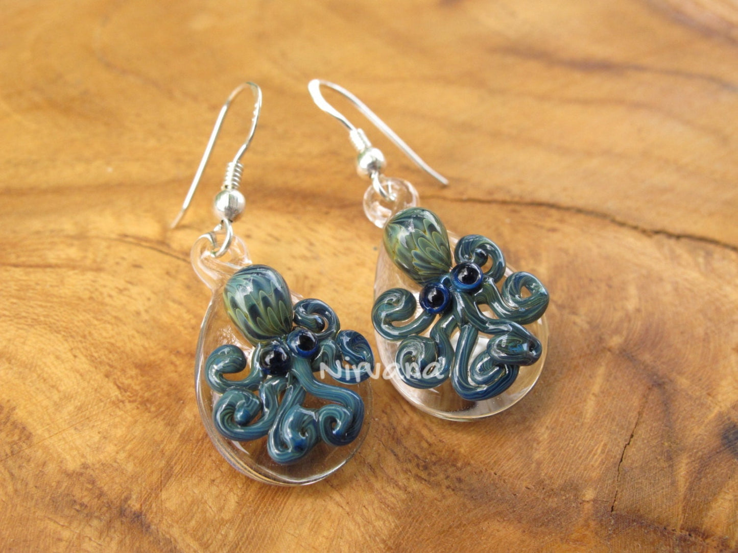 1 Pair - Custom Made Glass Exotic Dark Blue Octopus Hanging Earrings