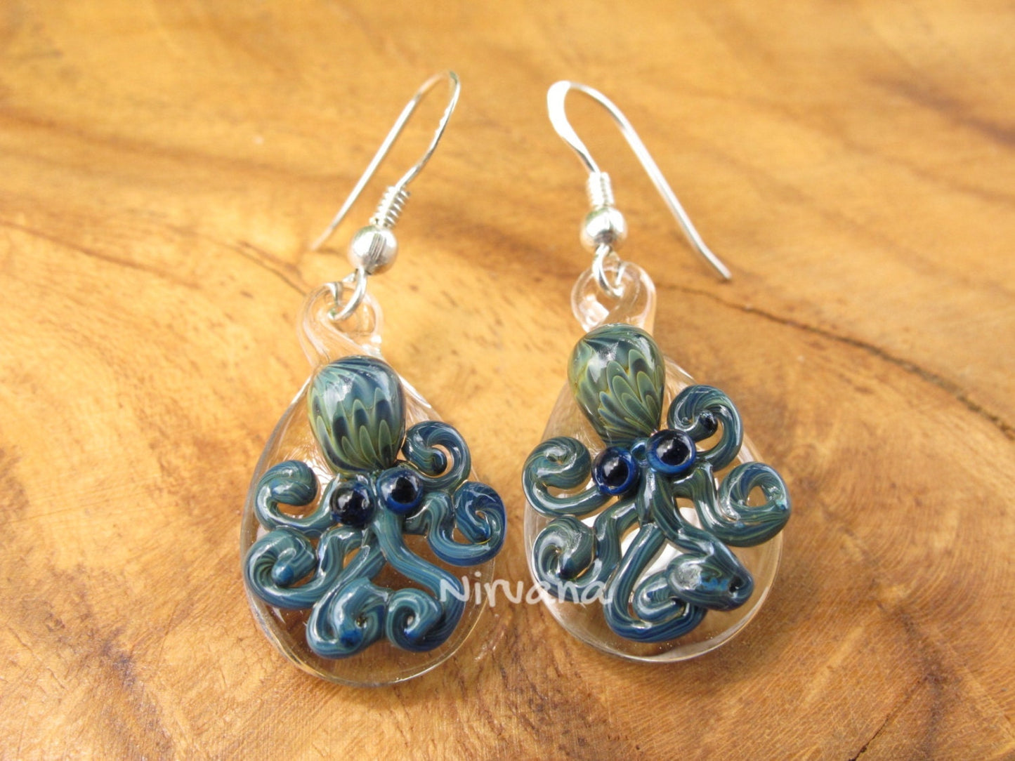 1 Pair - Custom Made Glass Exotic Dark Blue Octopus Hanging Earrings