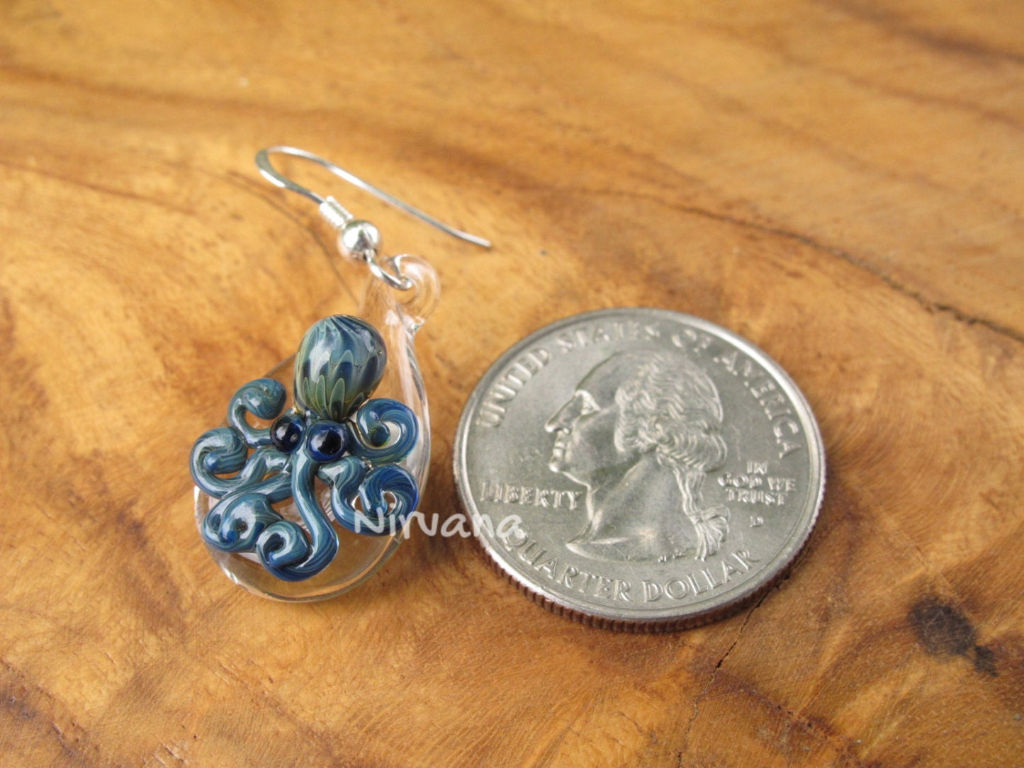 1 Pair - Custom Made Glass Exotic Dark Blue Octopus Hanging Earrings
