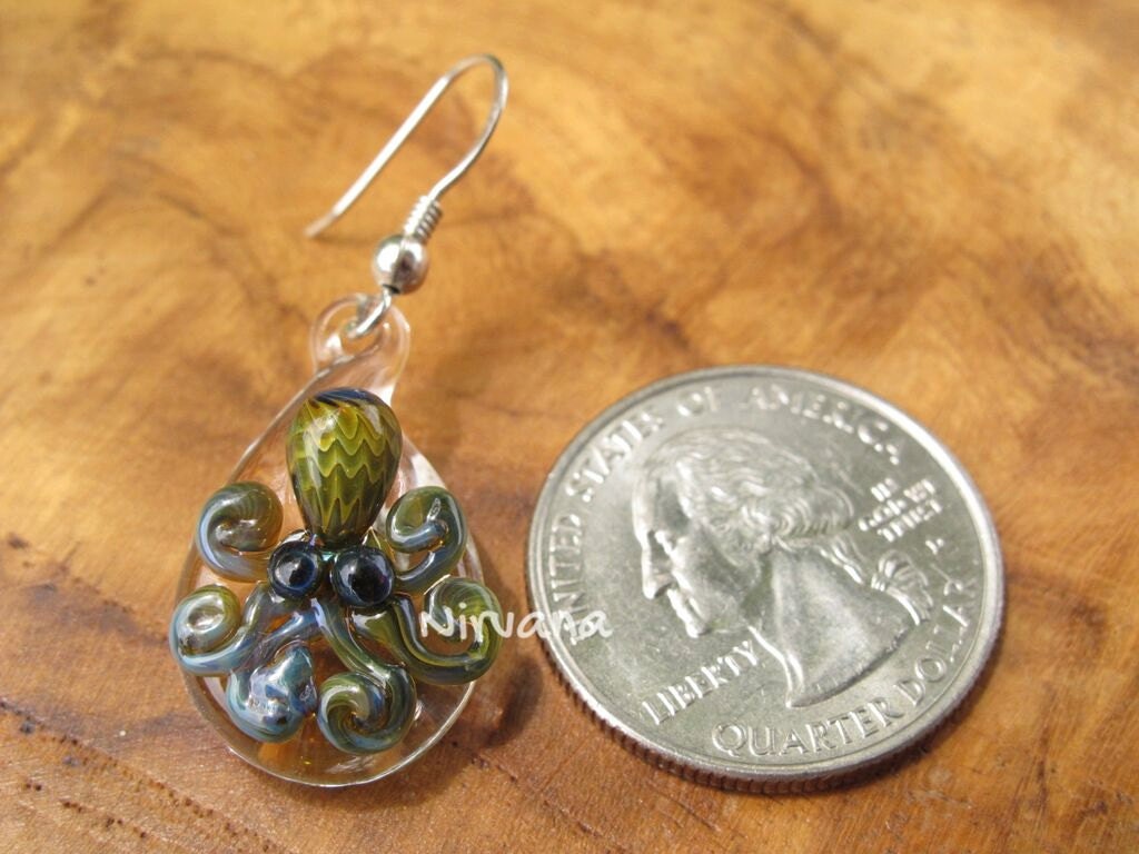 1 Pair - Custom Made Glass Exotic Dark Green Octopus Hanging Earrings