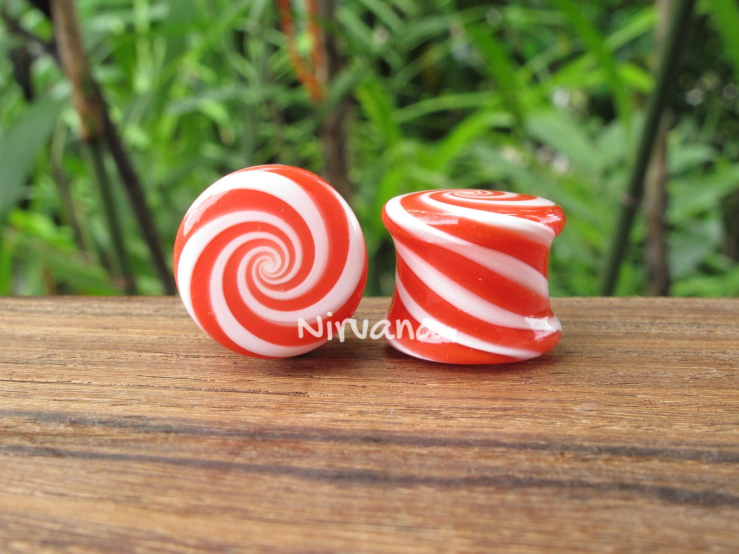 1 Pair (2 Pieces) Holiday Red & White Striped Peppermint Candy Spiral Glass Plugs