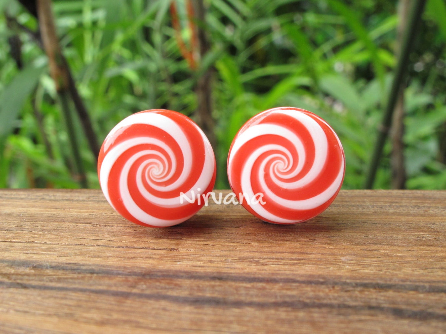 1 Pair (2 Pieces) Holiday Red & White Striped Peppermint Candy Spiral Glass Plugs