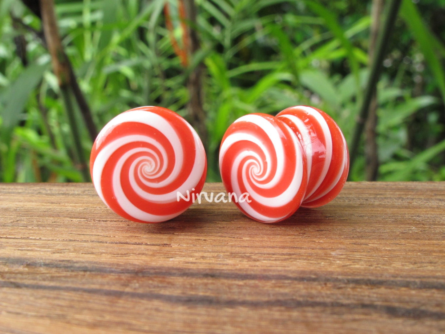 1 Pair (2 Pieces) Holiday Red & White Striped Peppermint Candy Spiral Glass Plugs