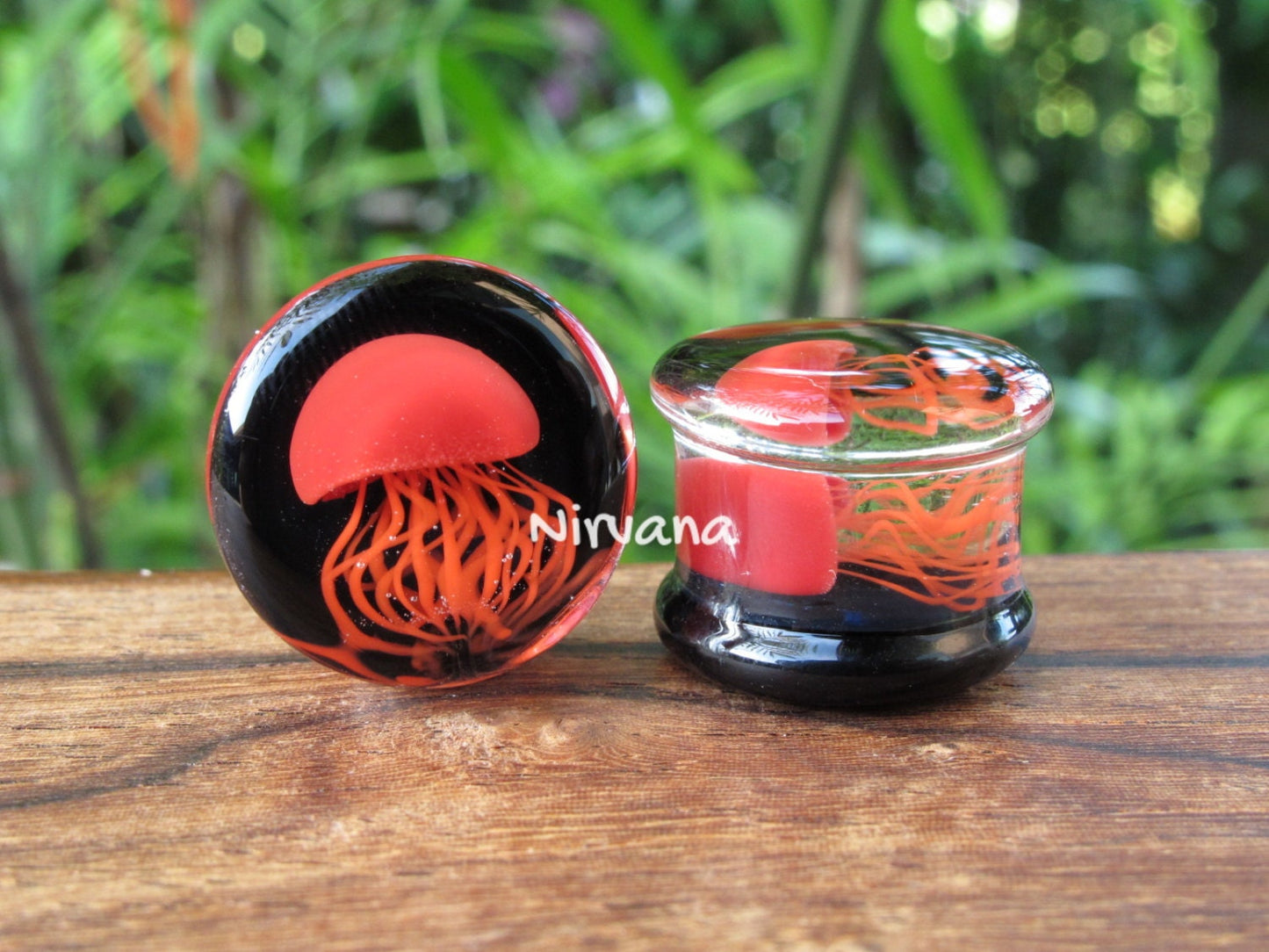 1 Pair (2 Pieces) Red Pyrex Glass Jellyfish Plugs on Black with Red Legs