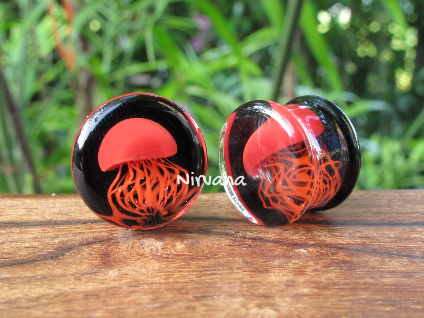 1 Pair (2 Pieces) Red Pyrex Glass Jellyfish Plugs on Black with Red Legs