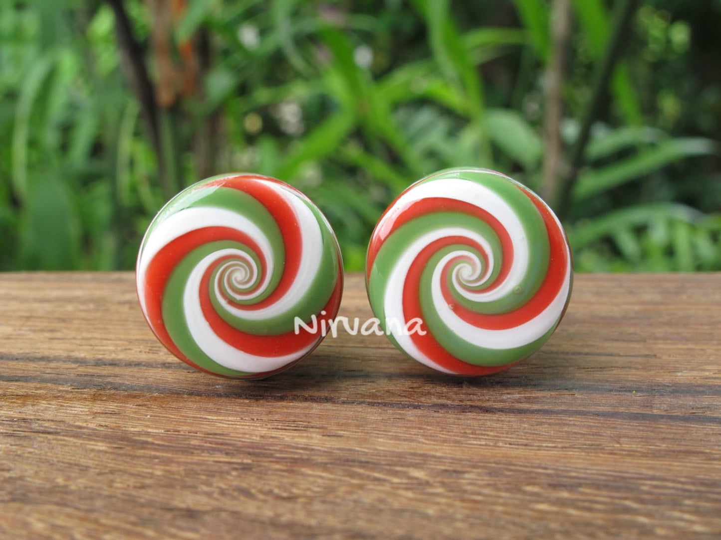 1 Pair (2 Pieces) Holiday Red/Green/White Striped Peppermint Candy Spiral Glass Plugs