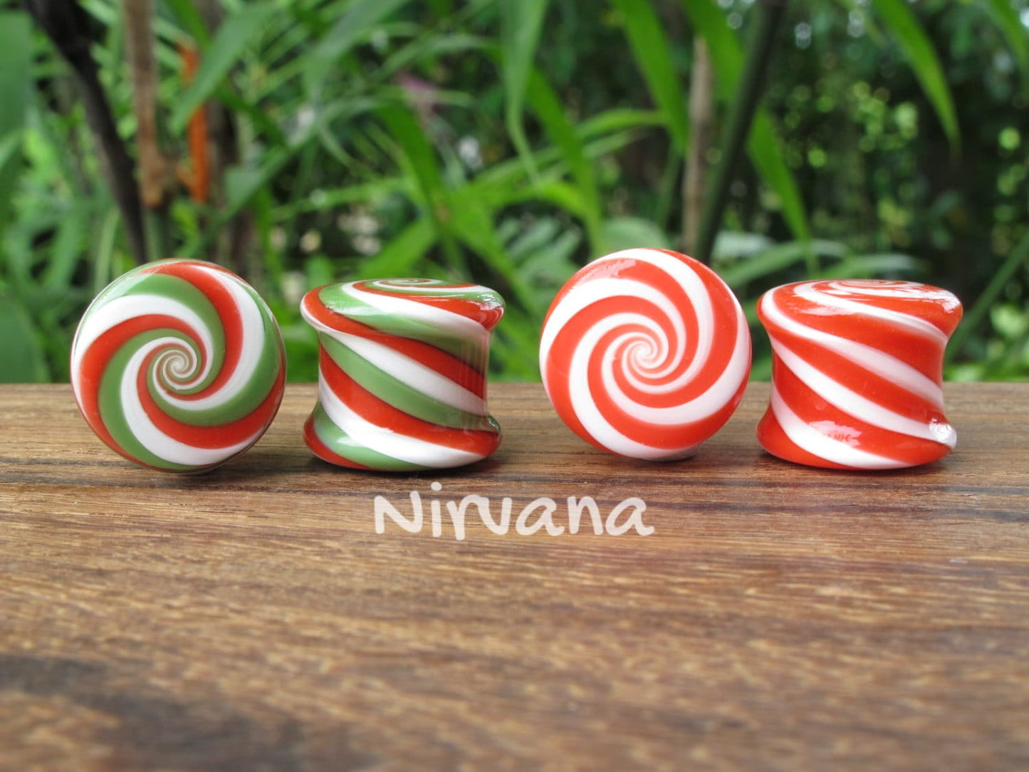 1 Pair (2 Pieces) Holiday Red/Green/White Striped Peppermint Candy Spiral Glass Plugs