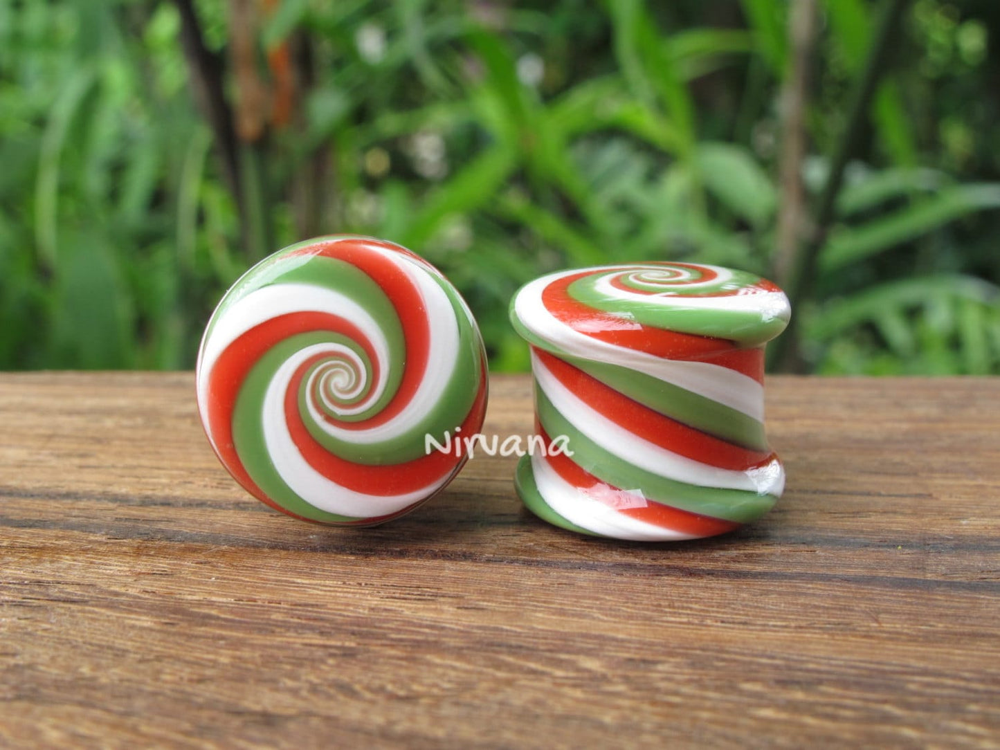 1 Pair (2 Pieces) Holiday Red/Green/White Striped Peppermint Candy Spiral Glass Plugs