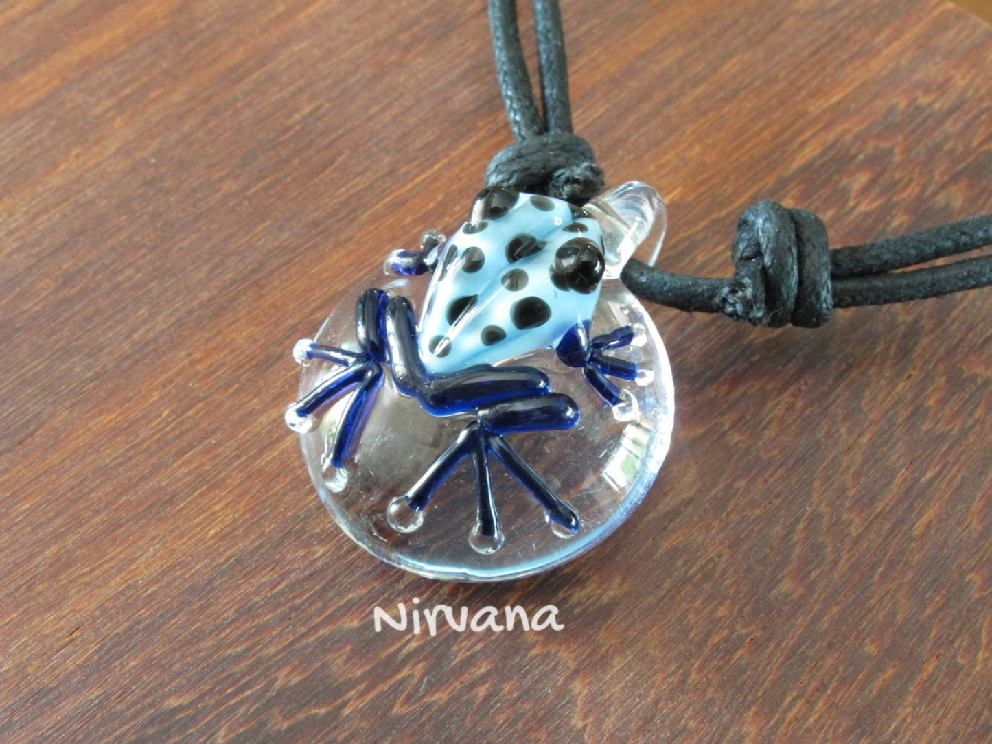 1 Piece - Custom Made Sky Blue With Black Spots & Cobalt Blue Legs Poison Tree Frog Glass Pendant On Adjustable Black Cord