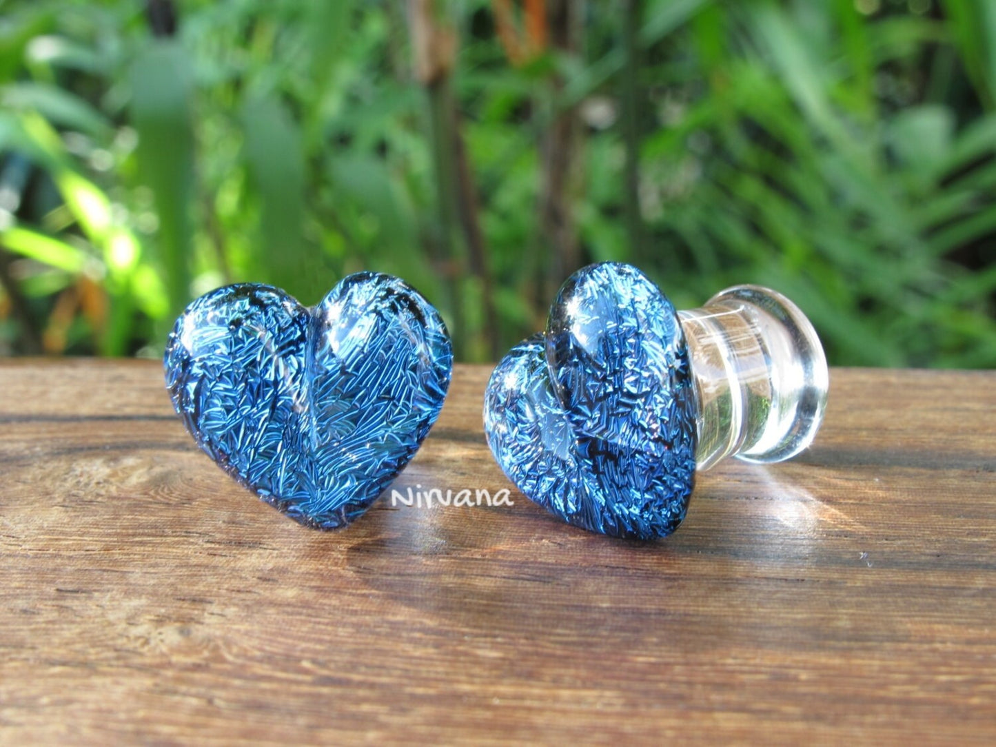 1 Pair (2 Pieces) Aqua Blue Dichroic Glass Heart Plugs