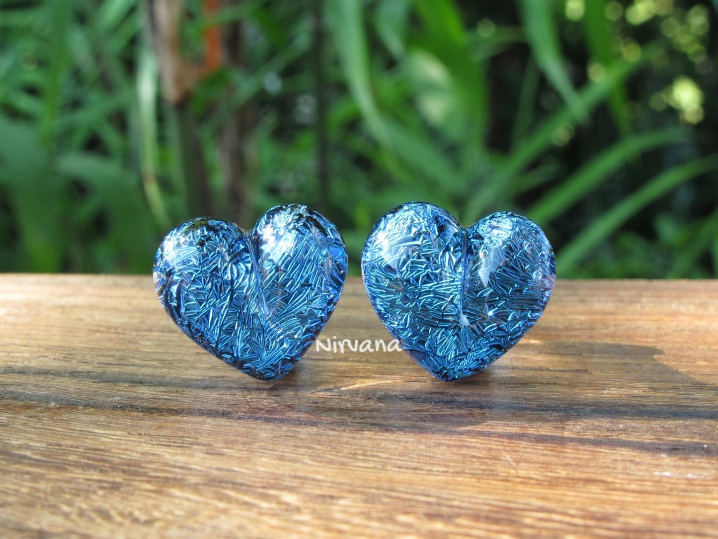 1 Pair (2 Pieces) Aqua Blue Dichroic Glass Heart Plugs