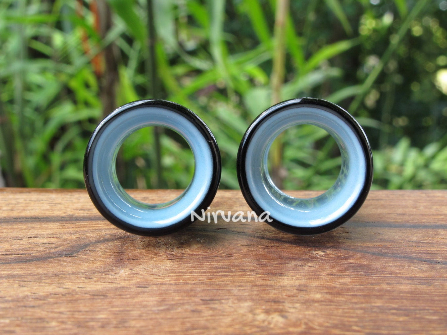 1 Pair (2 Pieces) Black & Sky Blue 2 Tone Tunnels Glass