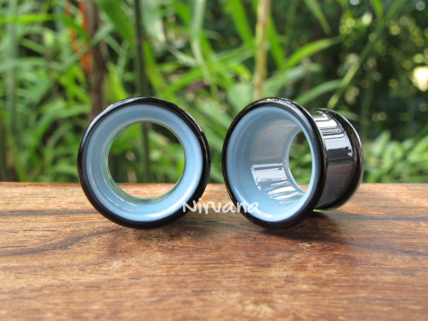 1 Pair (2 Pieces) Black & Sky Blue 2 Tone Tunnels Glass