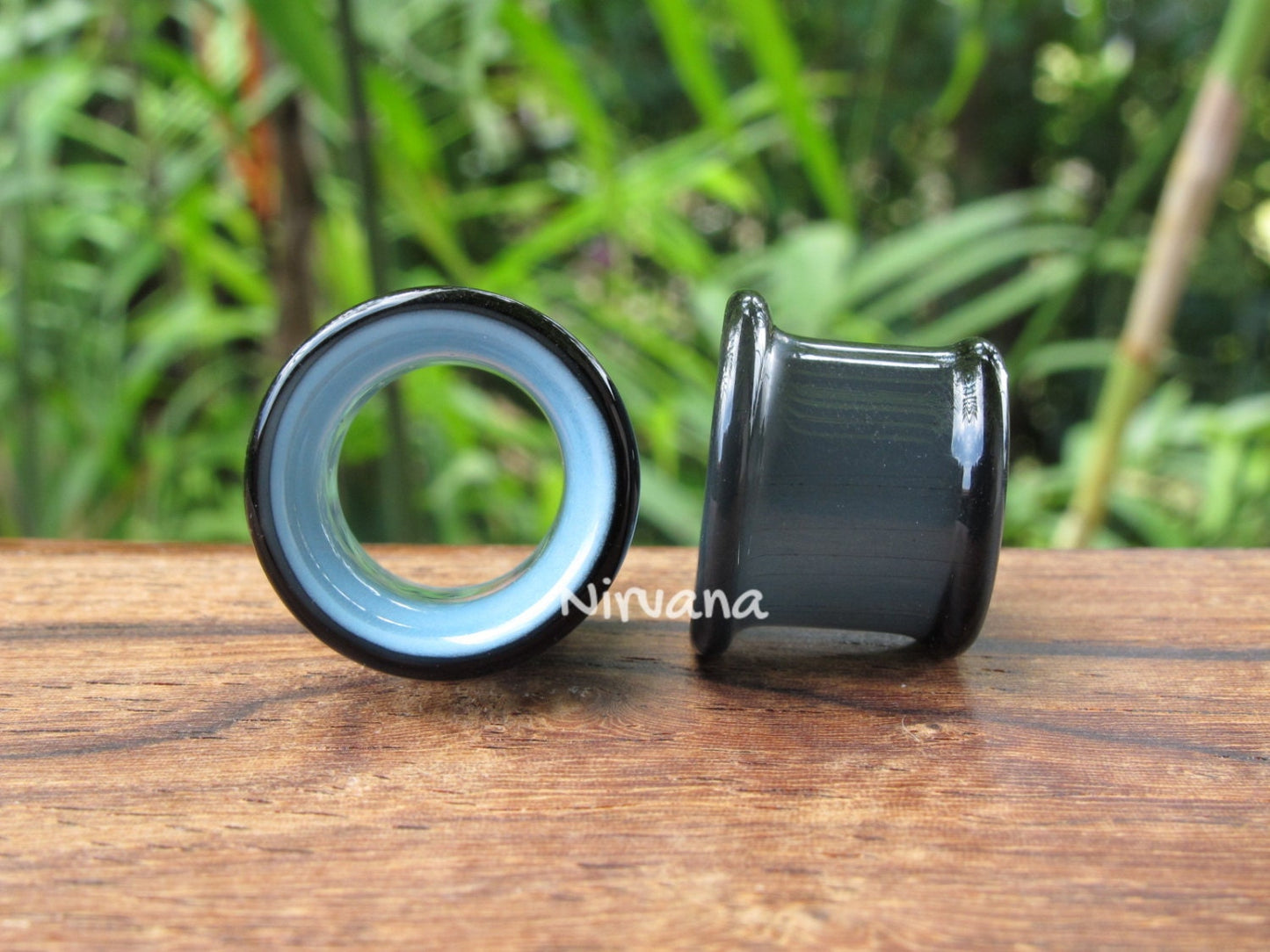 1 Pair (2 Pieces) Black & Sky Blue 2 Tone Tunnels Glass