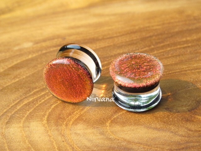 1 Pair (2 pieces) - Fire Dichroic Glass Plugs
