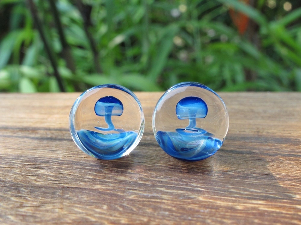 1 Pair (2 Pieces) Magic Mushroom Plugs Pyrex Glass Exotic Dark Blue