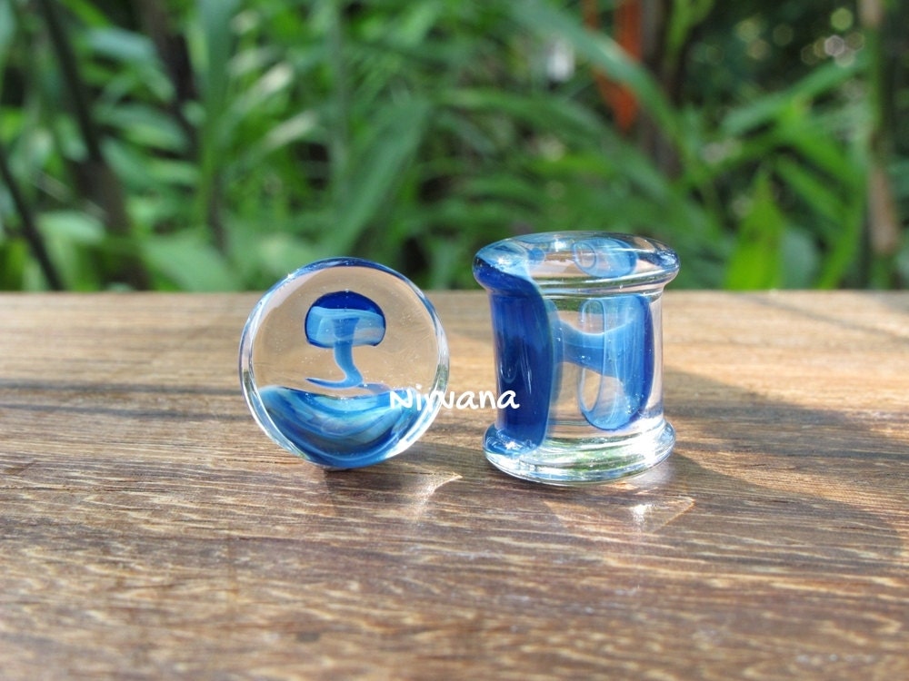 1 Pair (2 Pieces) Magic Mushroom Plugs Pyrex Glass Exotic Dark Blue