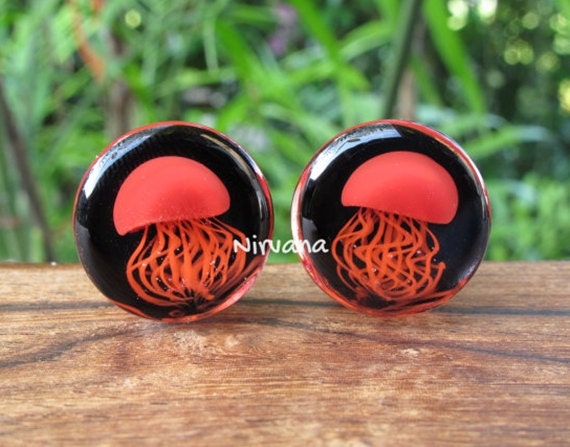1 Pair (2 Pieces) Red Pyrex Glass Jellyfish Plugs on Black with Red Legs