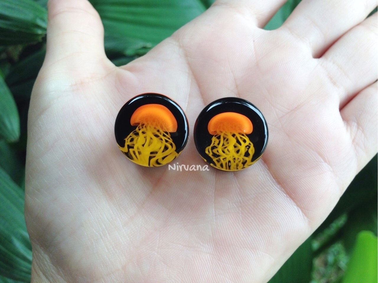 1 Pair (2 Pieces) Pyrex Glass Orange Jellyfish Plugs Black Background Dk Yellow Legs