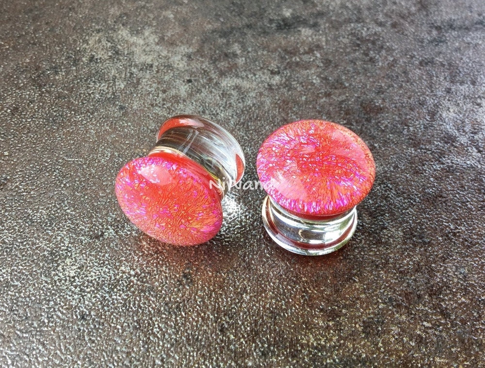 1 Pair (2 Pieces) Cherry Red Pink Dichroic Glass Plugs