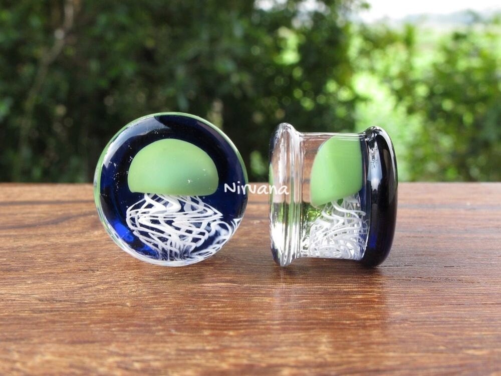 1 Pair (2 Pieces) Jade Pyrex Glass Jellyfish Plugs Cobalt Background