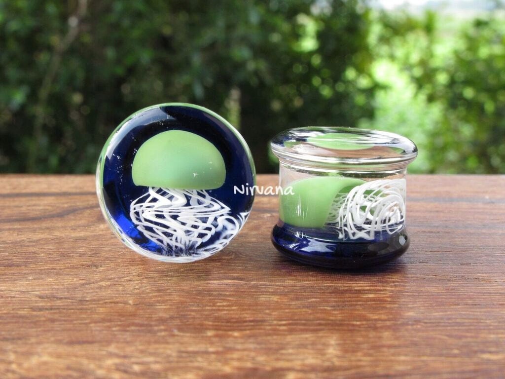 1 Pair (2 Pieces) Jade Pyrex Glass Jellyfish Plugs Cobalt Background