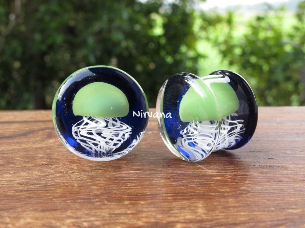 1 Pair (2 Pieces) Jade Pyrex Glass Jellyfish Plugs Cobalt Background
