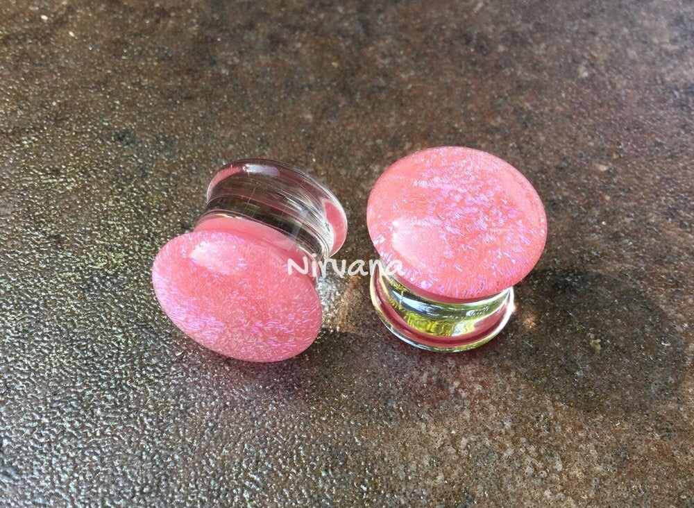1 Pair (2 Pieces) Light Pastel Pink Dichroic Glass Plugs