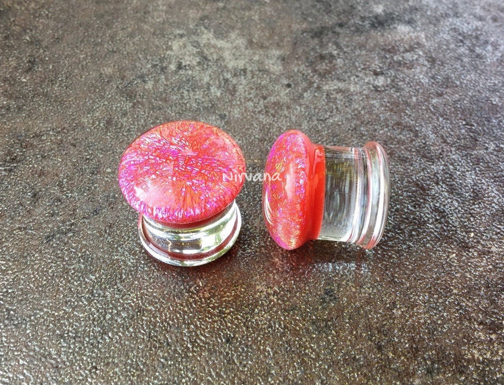 1 Pair (2 Pieces) Cherry Red Pink Dichroic Glass Plugs