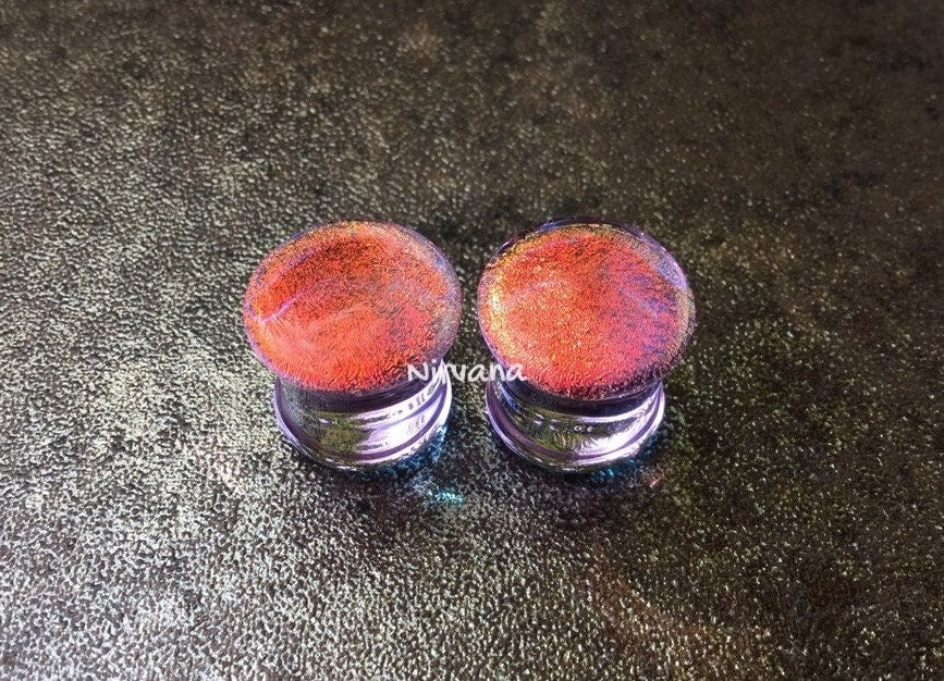 1 Pair (2 Pieces) Translucent Fire Red Dichroic Glass Plugs on Trans. Purple Background Color