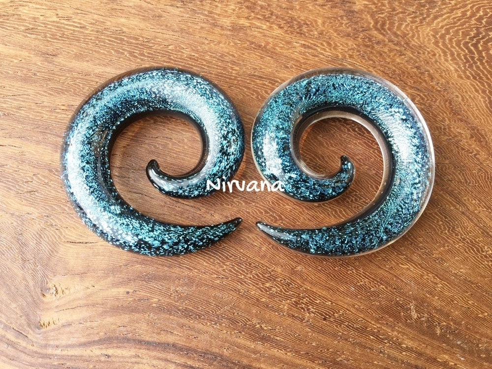 1 Pair (2 Pieces) Aqua Dichroic Glass Classic Spirals