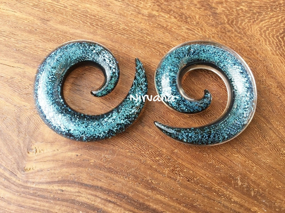 1 Pair (2 Pieces) Aqua Dichroic Glass Classic Spirals