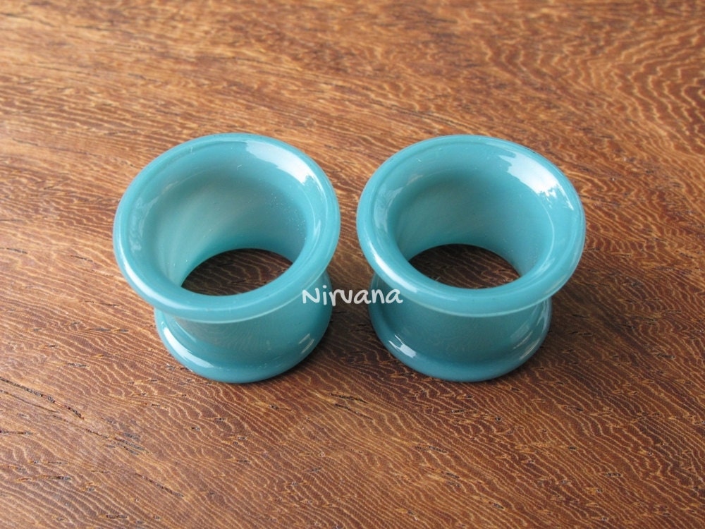 1 Pair (2 Pieces) Aqua Blue Tunnels Pyrex Glass Gauges