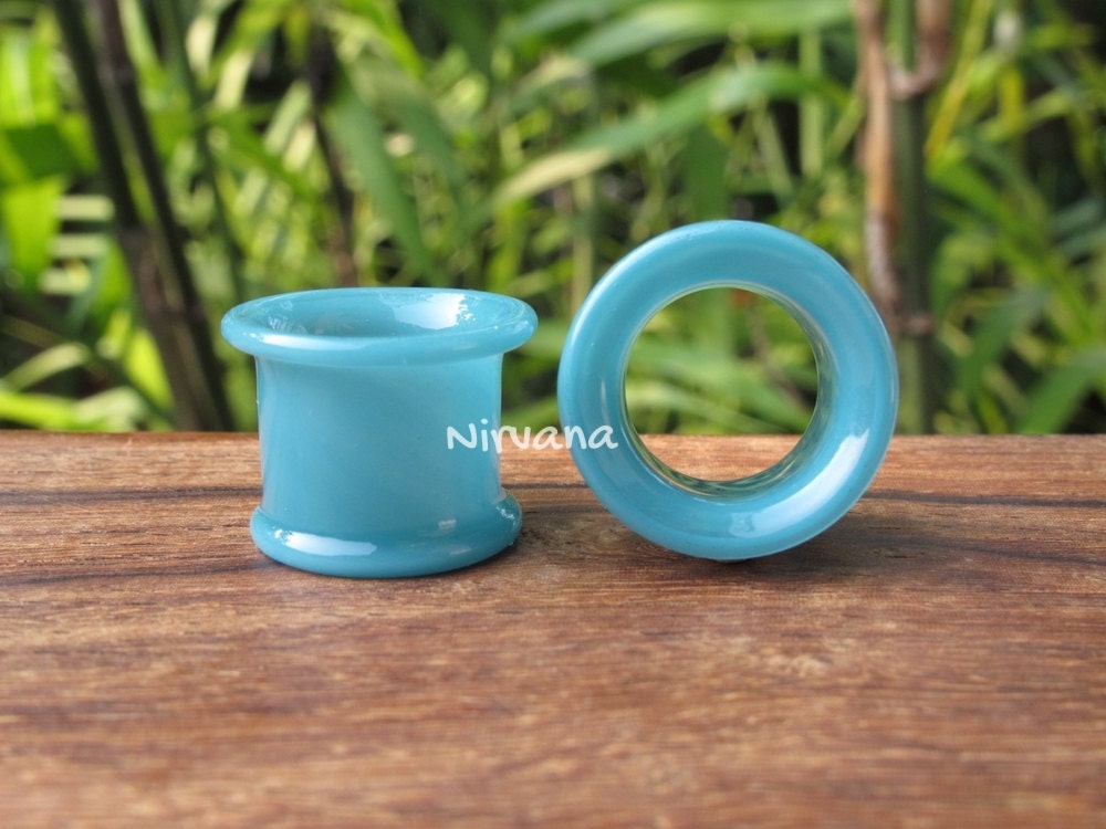1 Pair (2 Pieces) Aqua Blue Tunnels Pyrex Glass Gauges