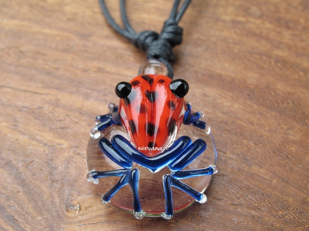 1 Piece - Custom Made Red Poison Tree Frog With Black Spots Glass Pendant Critters With Adjustable Black Cord