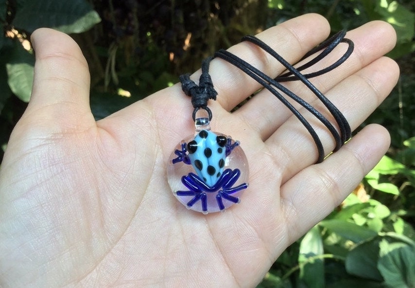 1 Piece - Custom Made Sky Blue With Black Spots & Cobalt Blue Legs Poison Tree Frog Glass Pendant On Adjustable Black Cord