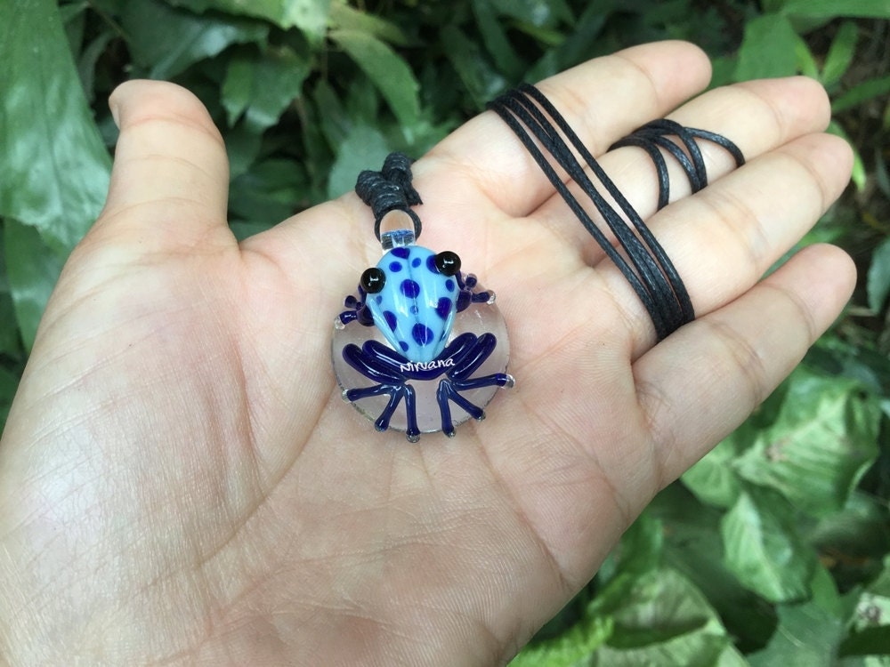 1 Piece - Custom Made Sky Blue Poison Tree Frog with Blue Spots Glass Pendant Critters With Adjustable Black Cord