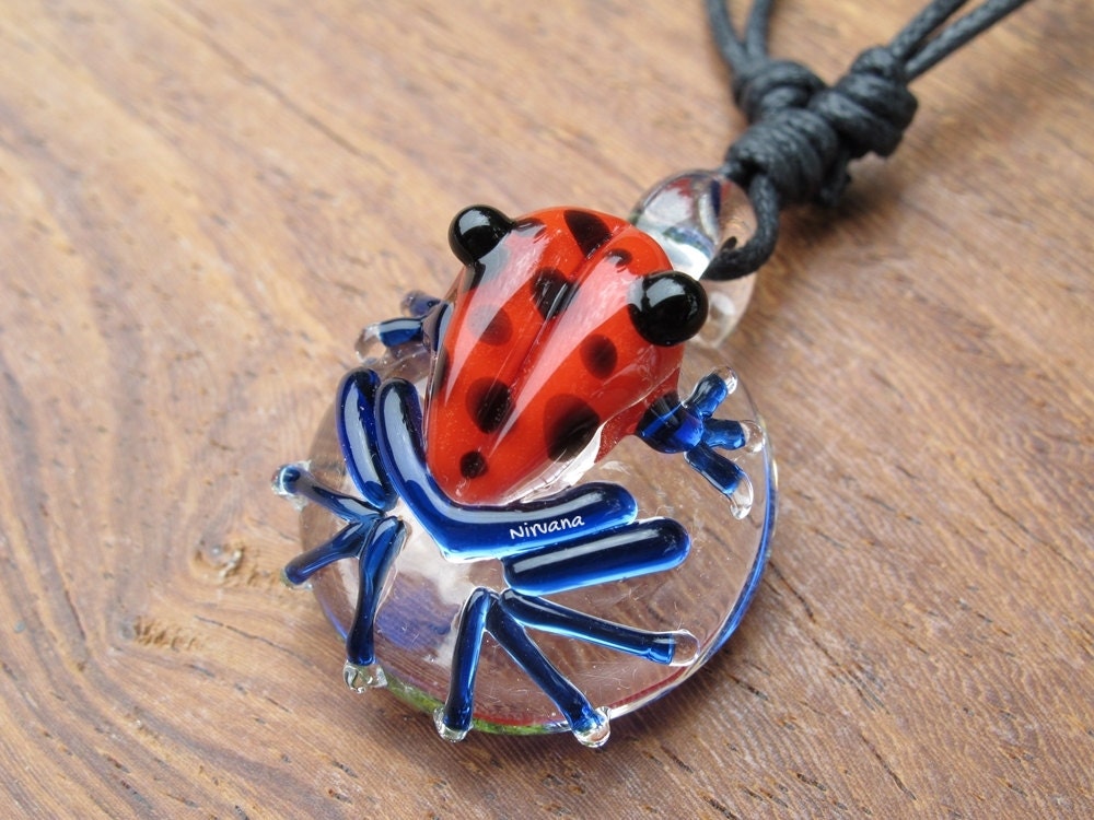 1 Piece - Custom Made Red Poison Tree Frog With Black Spots Glass Pendant Critters With Adjustable Black Cord