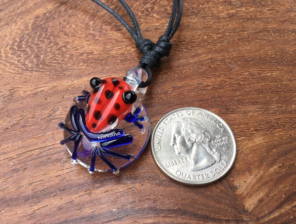 1 Piece - Custom Made Red Poison Tree Frog With Black Spots Glass Pendant Critters With Adjustable Black Cord