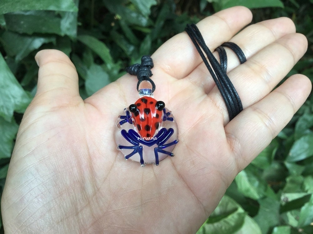 1 Piece - Custom Made Red Poison Tree Frog With Black Spots Glass Pendant Critters With Adjustable Black Cord