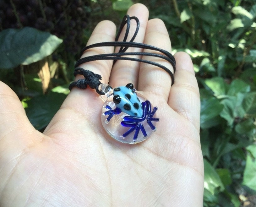 1 Piece - Custom Made Sky Blue With Black Spots & Cobalt Blue Legs Poison Tree Frog Glass Pendant On Adjustable Black Cord