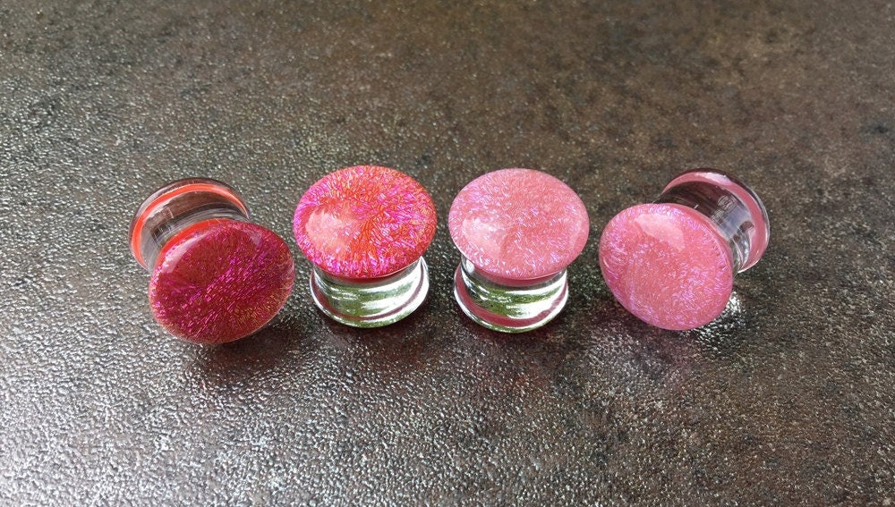 1 Pair (2 Pieces) Cherry Red Pink Dichroic Glass Plugs