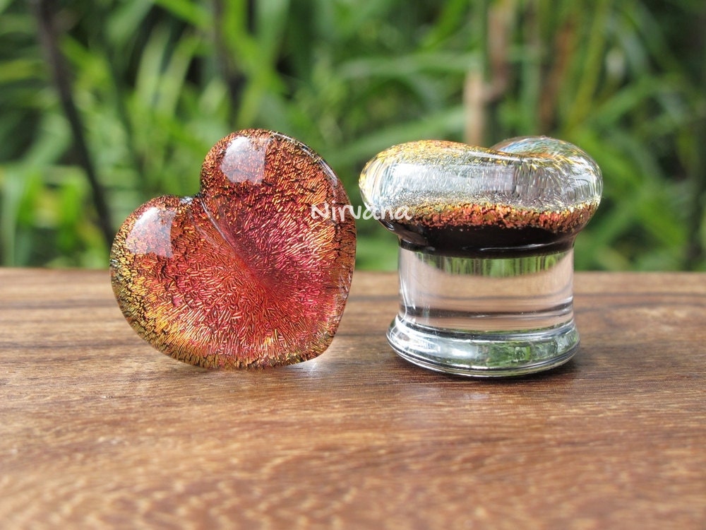 1 Pair (2 Pieces) Fire Red Dichroic Glass Heart Plugs